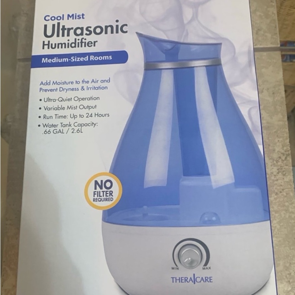 New! Thera|Care Cool Mist Ultrasonic Humidifier. No Filter Required Blue